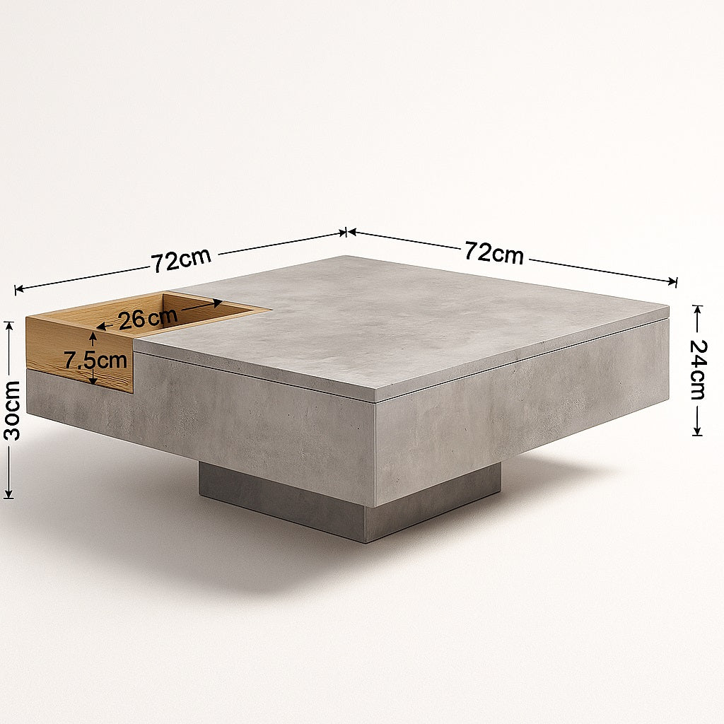 Dimensions d’une table basse design en bois et béton, meuble contemporain précis et élégant.