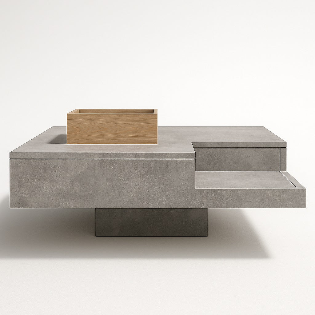 Table basse design en bois et béton avec rangement ouvert, mobilier moderne pratique.