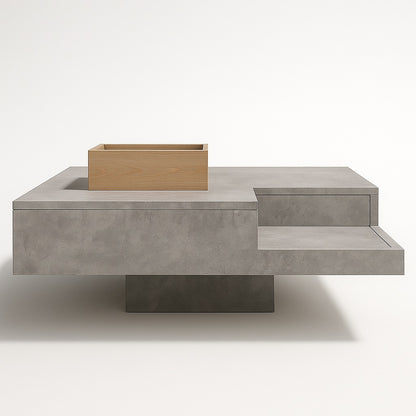 Table basse design en bois et béton avec rangement ouvert, mobilier moderne pratique.