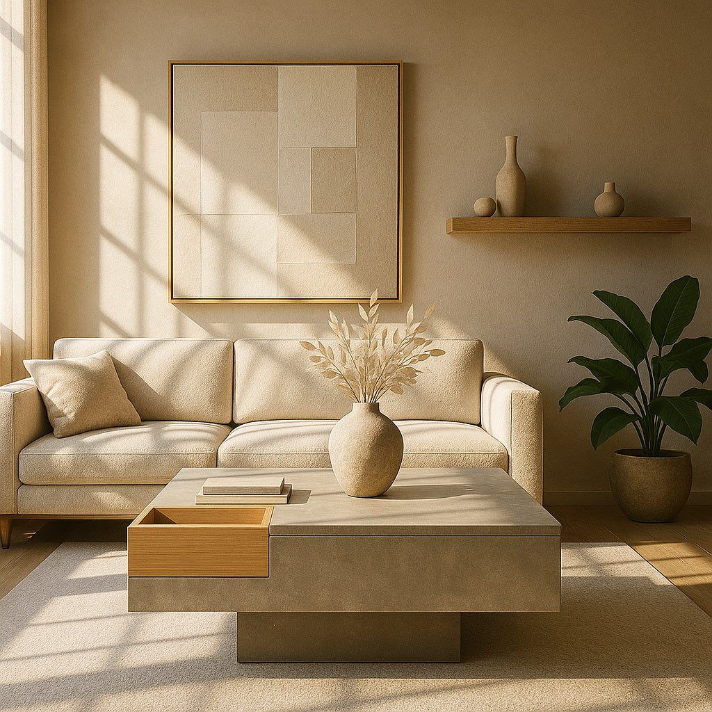 Table basse design en bois et béton, mise en scène dans un séjour élégant baigné de lumière.