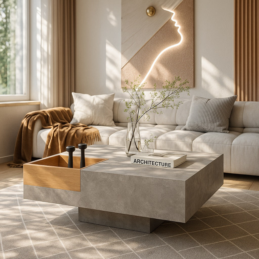 Table basse design en bois dans un salon moderne lumineux, décor chaleureux et naturel.