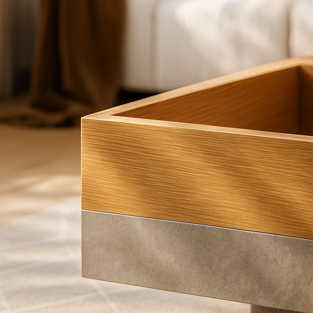 Zoom sur la texture bois et béton d’une table basse design, finitions haut de gamme.