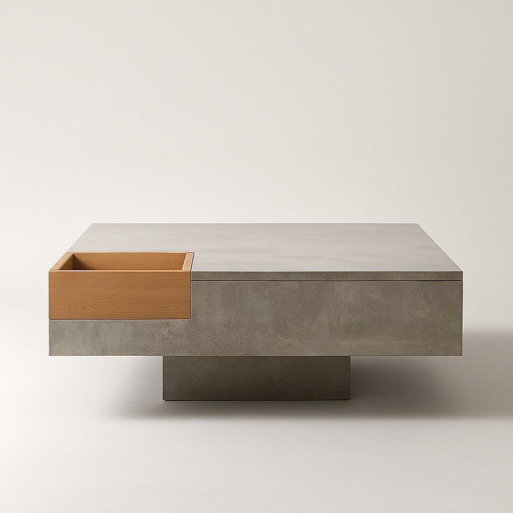 Table basse design en bois et béton, style minimaliste moderne pour salon contemporain.