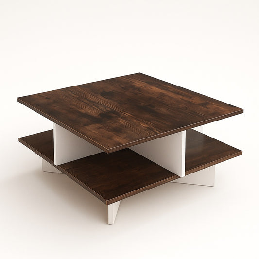 Table basse design en bois foncé vue en angle, style contemporain et lignes épurées.