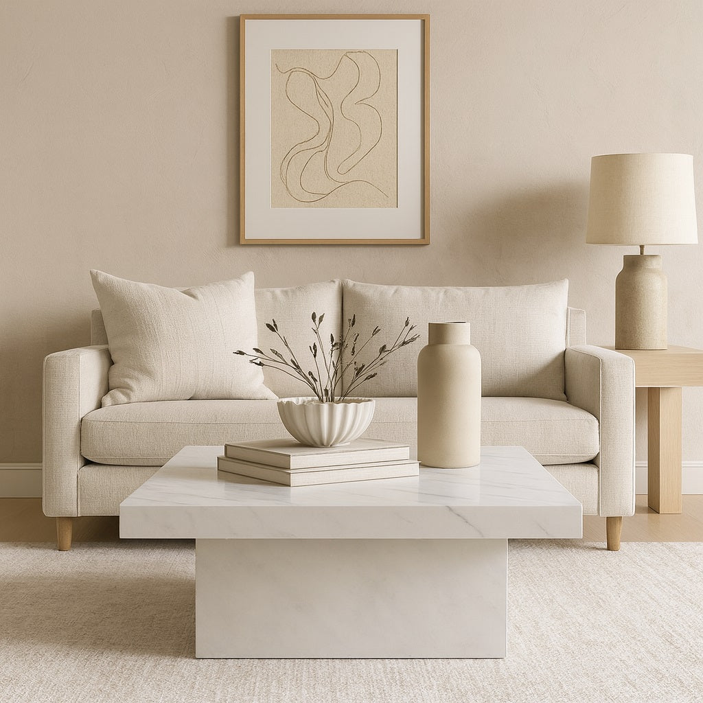 Table basse marbrée en design contemporain dans un salon beige, plateau carré élégant style minimaliste.