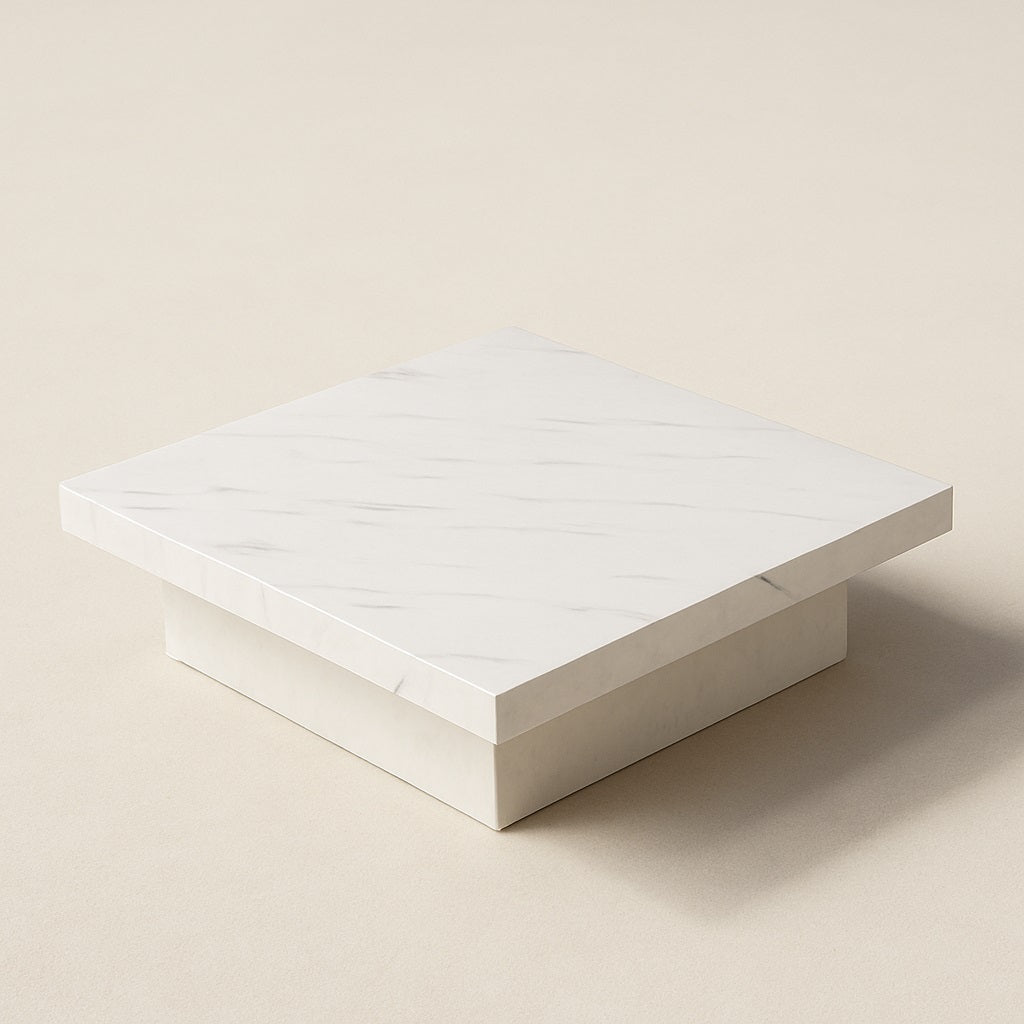 Table basse en design marbrée moderne, plateau carré élégant avec finition blanche imitation marbre.