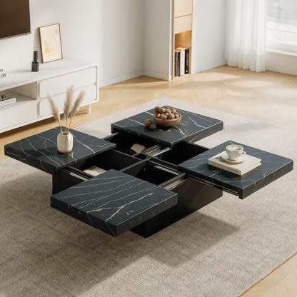 Table basse design avec rangement, plateau marbre noir et tiroirs pratiques pour salon moderne.