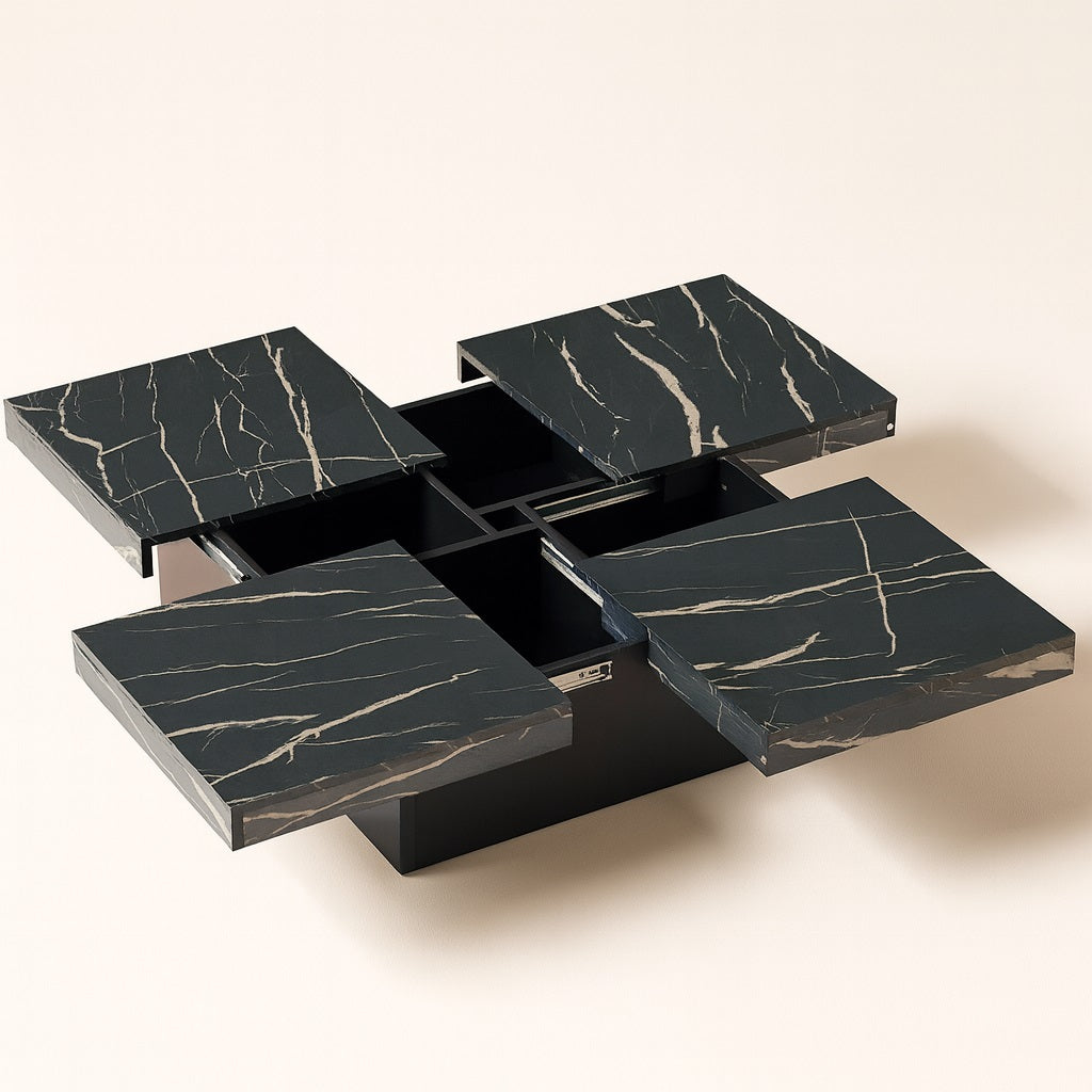 Table basse design noire avec rangements cachés sous plateaux coulissants effet marbre.