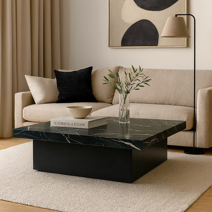 Table basse design noire avec rangement, plateau marbre brillant pour décoration chic et minimaliste.