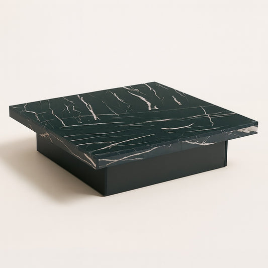 Table basse design noire effet marbre, élégante et moderne, table basse avec rangement discret intégré.
