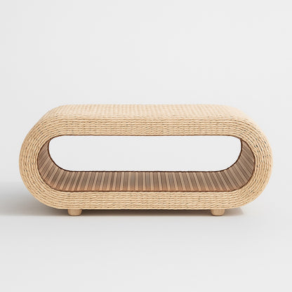 Table basse petite en rotin tressé, design contemporain et forme arrondie élégante.