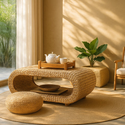 Table basse petite en rotin tressé, design naturel parfait pour une décoration zen.