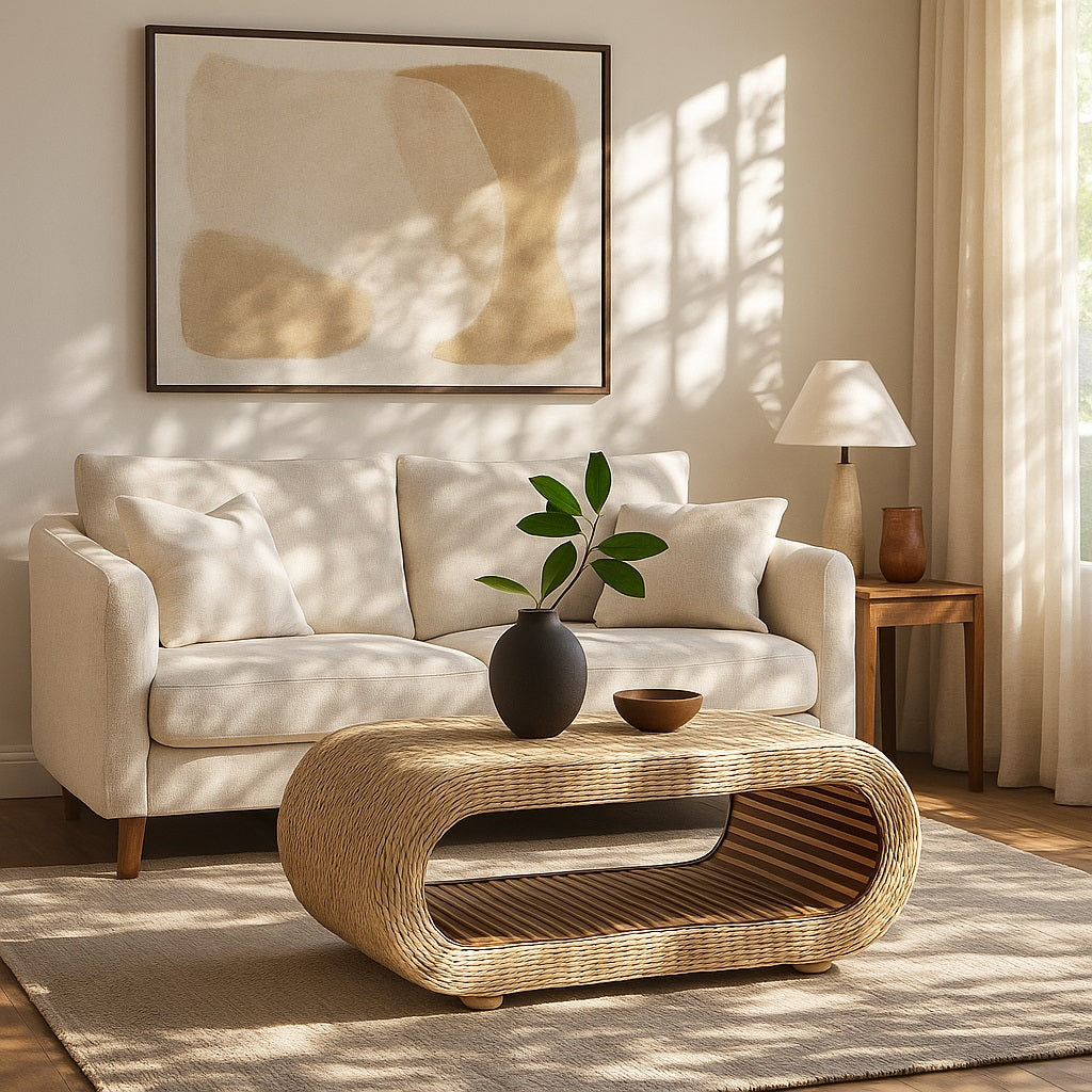 Table basse design en rotin dans un salon lumineux, table basse petite au style bohème.