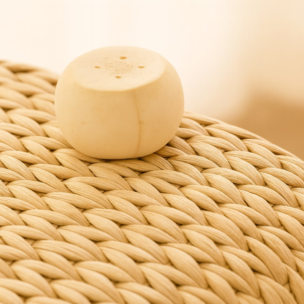 Zoom sur tressage naturel d’une table basse design en bois, motif raffiné et ambiance chaleureuse.