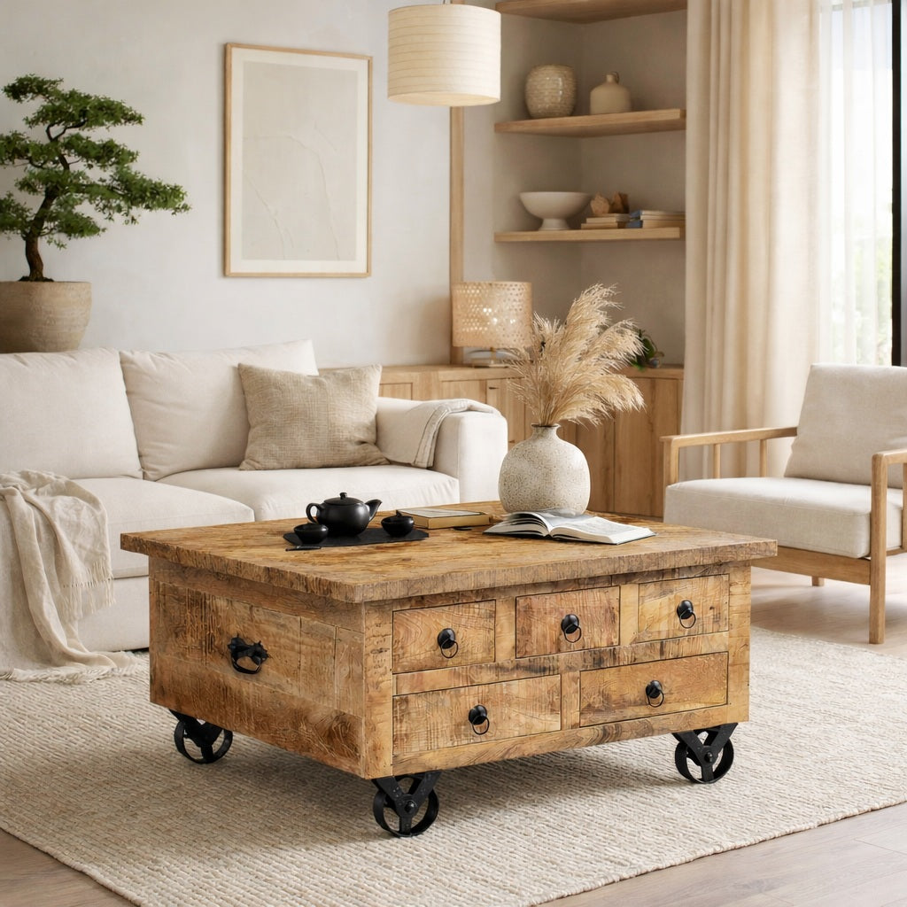 Table basse design en bois intégrée dans un salon chaleureux, meuble fonctionnel avec rangements discrets.