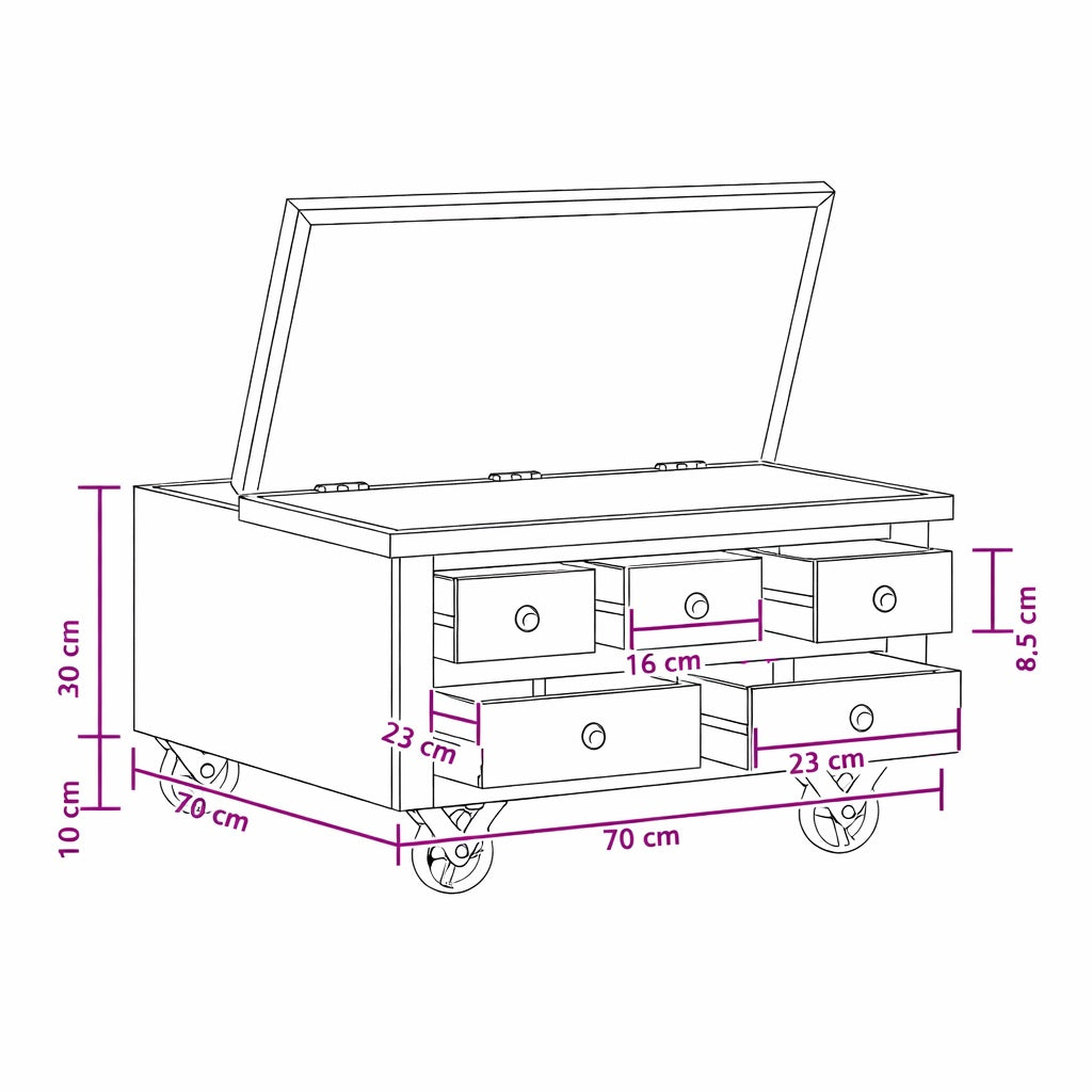 Table basse design en bois avec dimensions détaillées, meuble compact à roulettes et rangements intégrés.