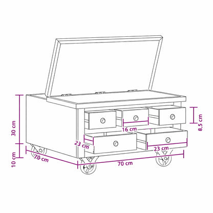 Table basse design en bois avec dimensions détaillées, meuble compact à roulettes et rangements intégrés.