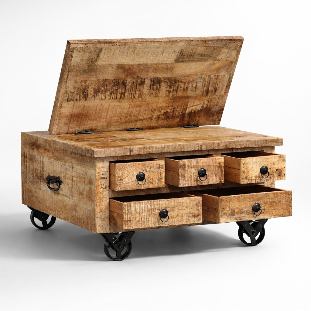 Table basse design en bois avec plateau ouvrant type coffre, espace de rangement fonctionnel et esthétique.