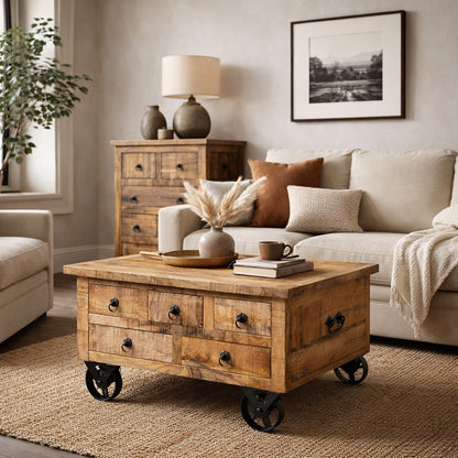 Table basse design en bois dans un intérieur cosy, meuble central avec tiroirs et style naturel.