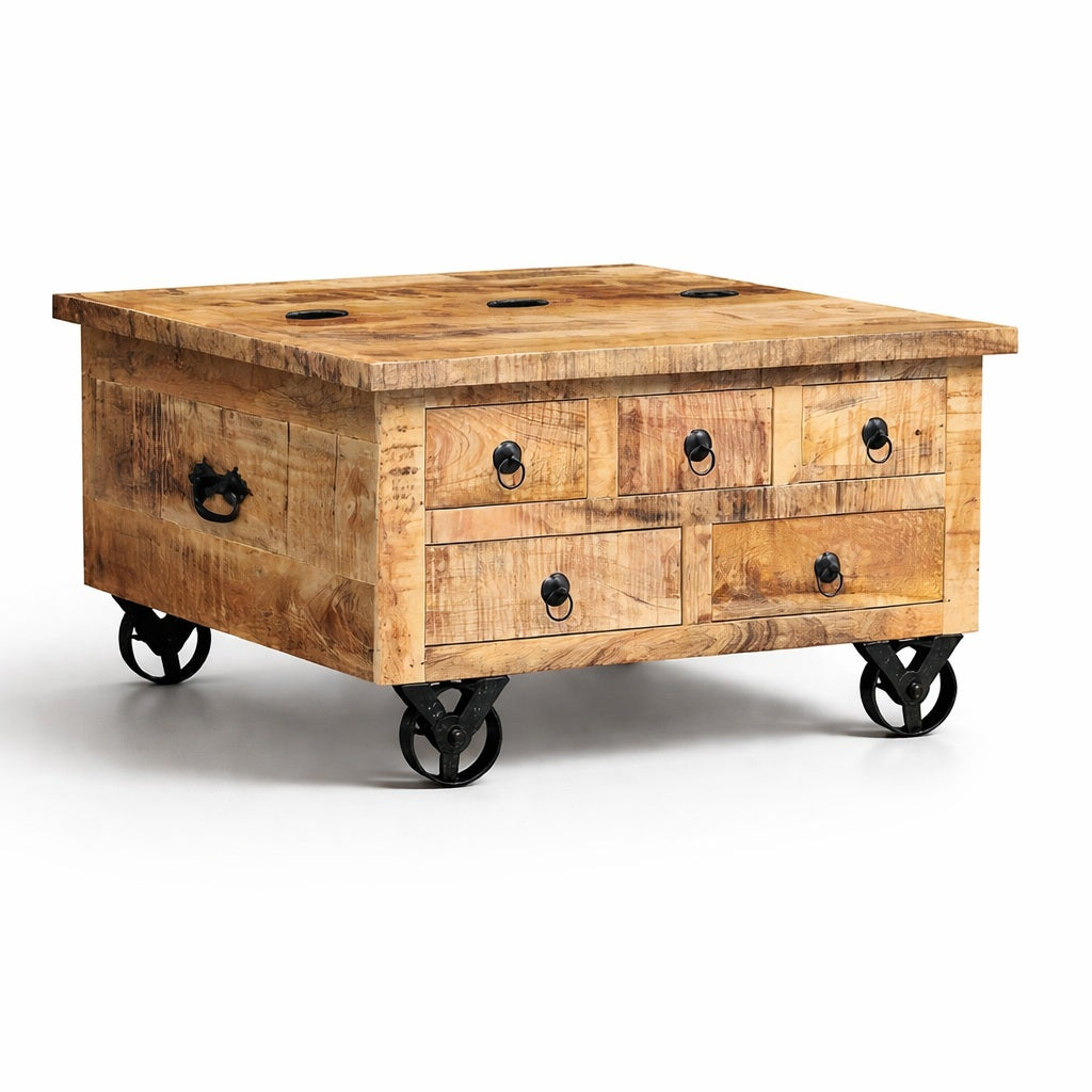 Table basse design en bois massif avec tiroirs et roulettes, style industriel et coffre de rangement élégant.