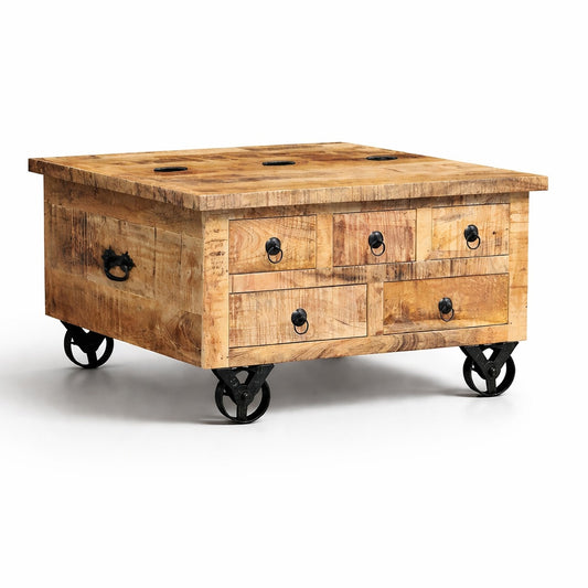 Table basse design en bois massif avec tiroirs et roulettes, style industriel et coffre de rangement élégant.