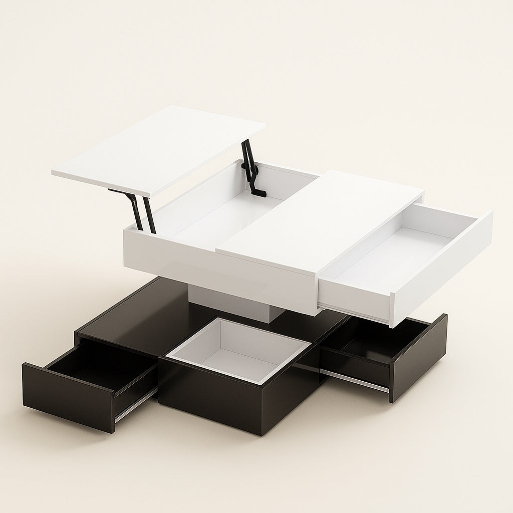 Table basse blanche design avec rangements coulissants et plateau relevable fonctionnel.