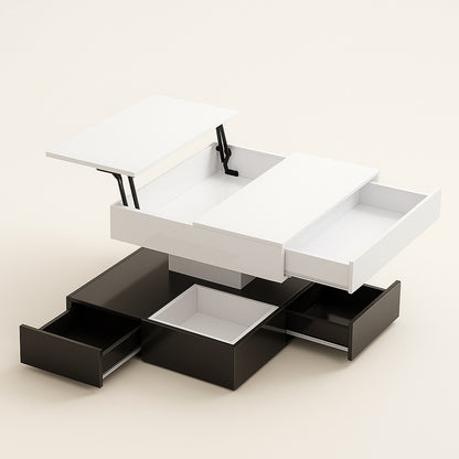 Table basse blanche design avec rangements coulissants et plateau relevable fonctionnel.