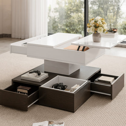 Table basse design blanche avec rangements pratiques pour livres et accessoires de salon.