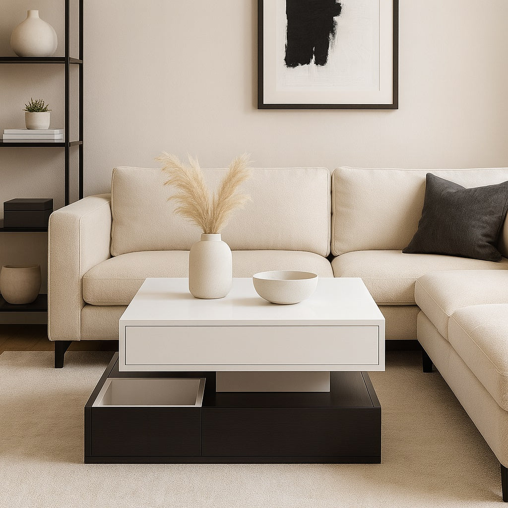 Table basse design blanche avec rangement, parfaite pour un salon moderne et lumineux.