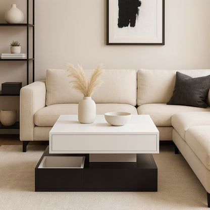 Table basse design blanche avec rangement, parfaite pour un salon moderne et lumineux.