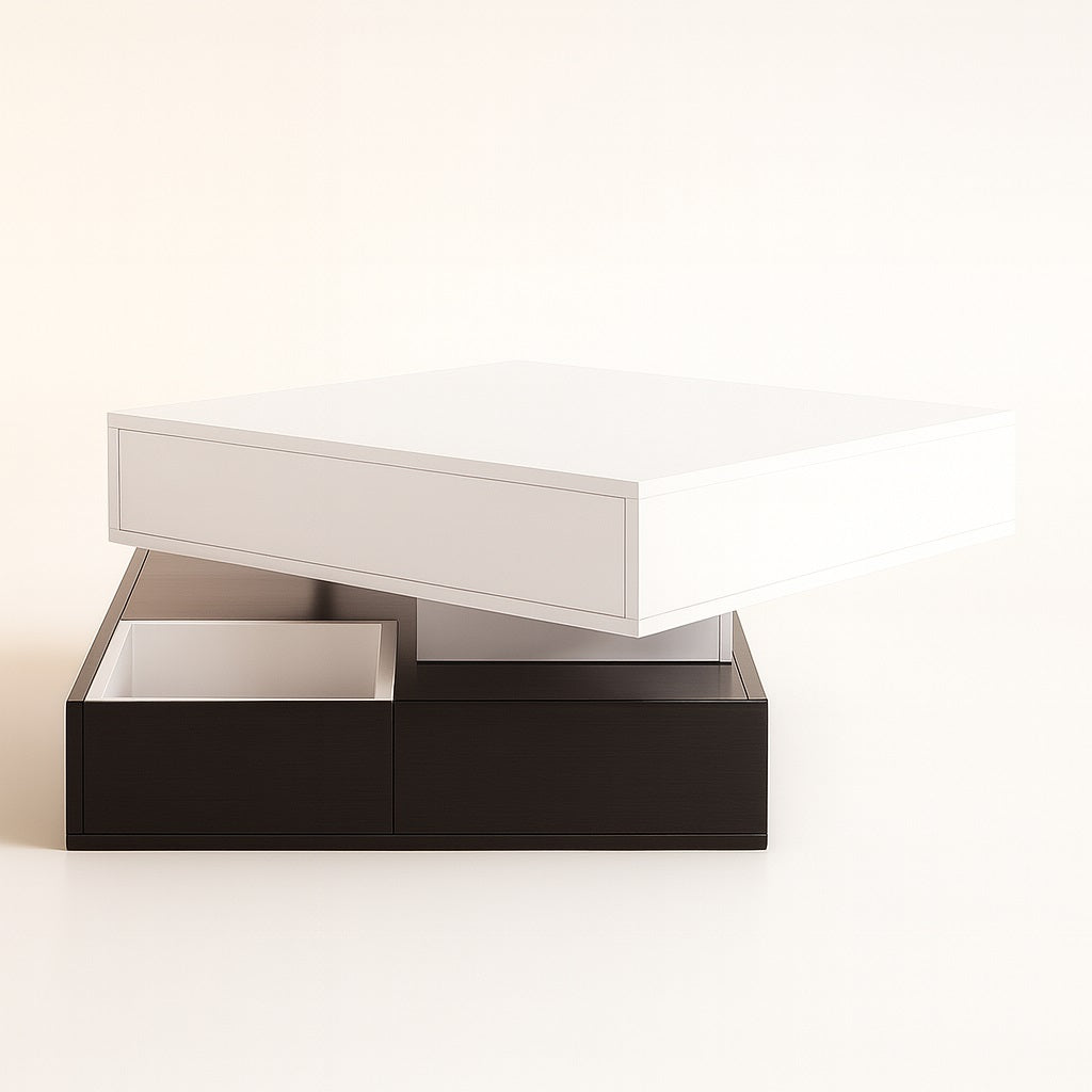 Table basse design blanche avec rangement intégré, style moderne et structure bicolore élégante.