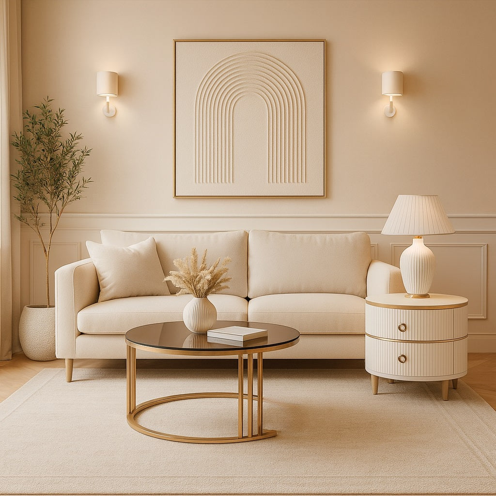 Table basse ronde en gigognes dans un salon moderne, design doré raffiné et ambiance chaleureuse.