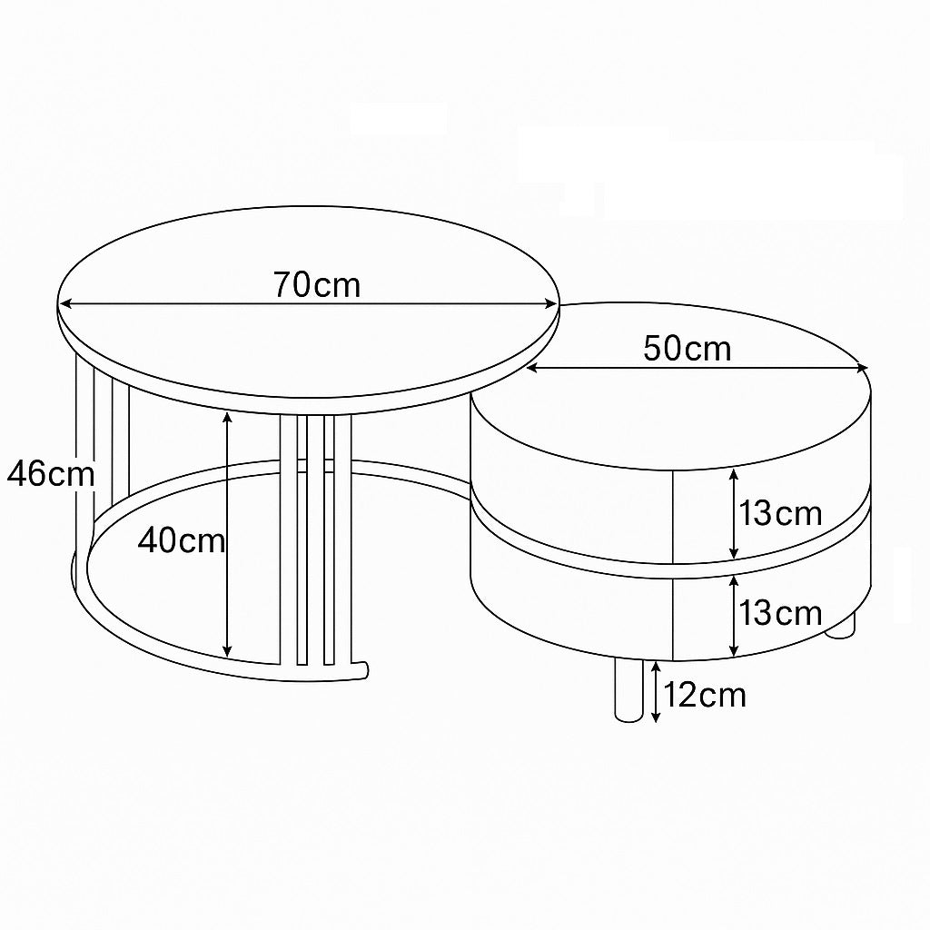 Dimensions détaillées de la table basse ronde et des tables basses gigognes, mesures complètes en cm.