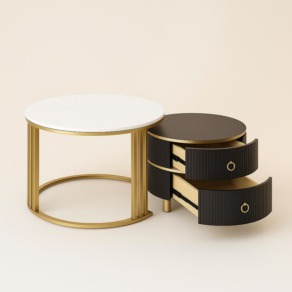 Table basse ronde et table basse gigognes noires avec tiroirs, style moderne et détails dorés.