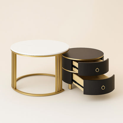 Table basse ronde et table basse gigognes noires avec tiroirs, style moderne et détails dorés.