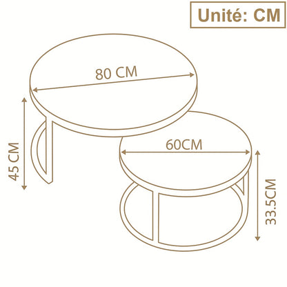 Dimensions table basse gigognes ronde Circa, design marbre et métal, 80 cm et 60 cm.