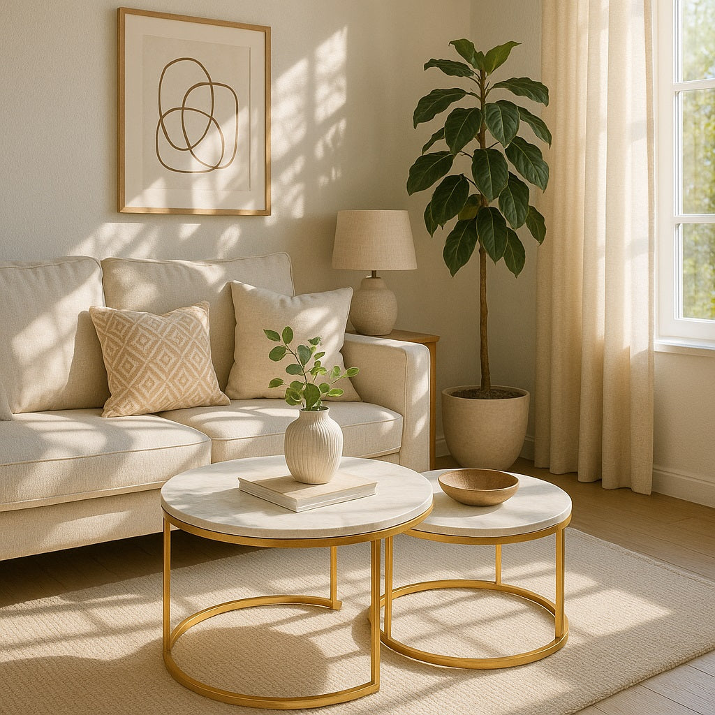 Table basse ronde gigognes dorée Circa, marbre blanc, déco salon lumineuse et chic.