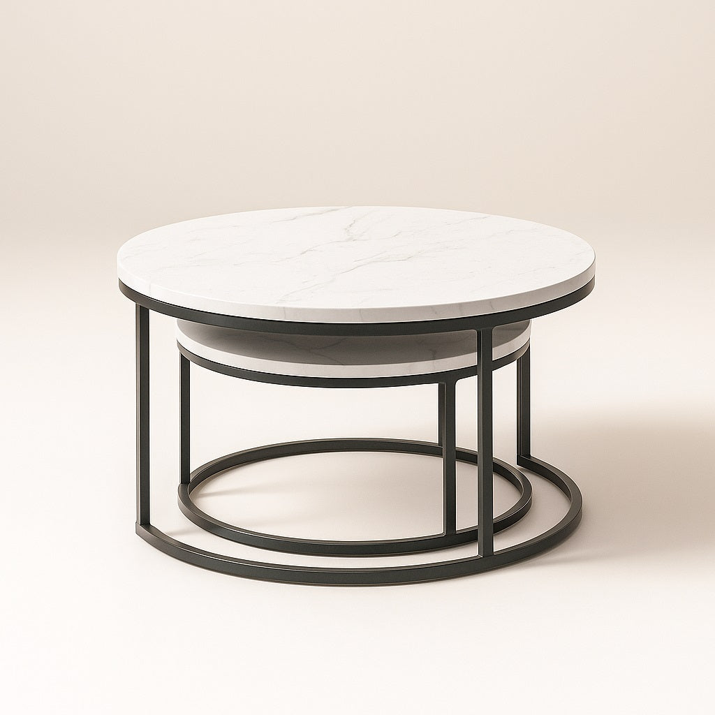 Table basse gigognes ronde marbre blanc et métal noir, design moderne et élégant.