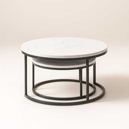 Table basse gigognes ronde marbre blanc et métal noir, design moderne et élégant.