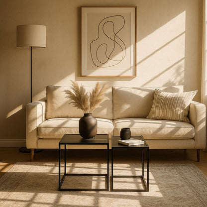 Tables basses gigognes noires dans un salon moderne beige au style épuré.