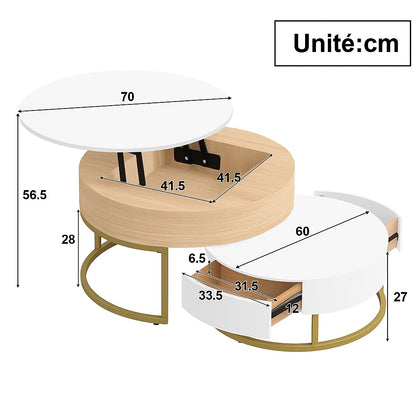 Dimensions de la table basse gigognes Nubo, table basse rondes relevable avec rangement.
