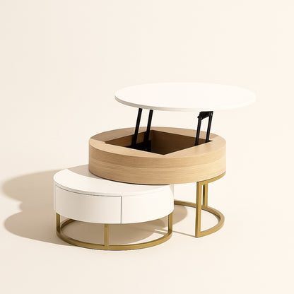 Table basse gigognes Nubo ouverte, table basse rondes relevable avec espace de rangement.