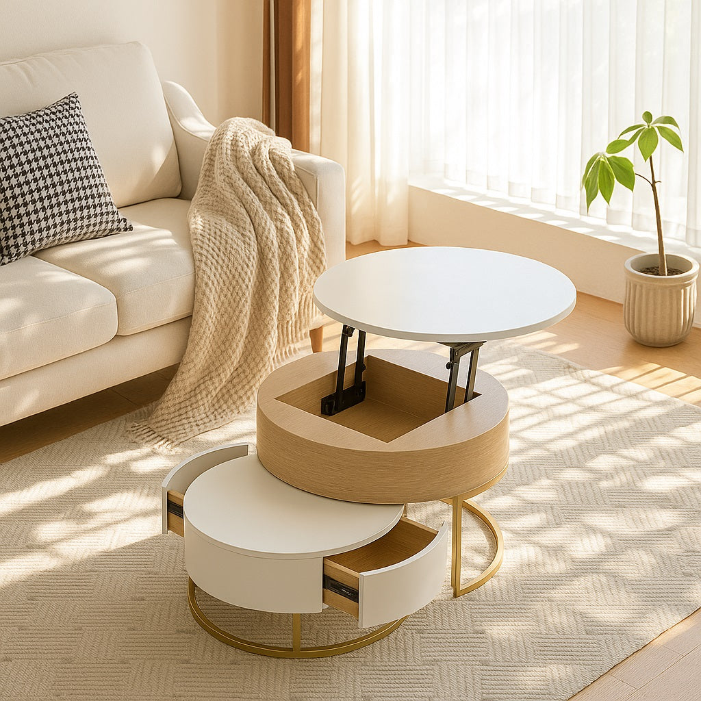 Table basse gigognes Nubo en situation, table basse rondes design relevable et pratique.