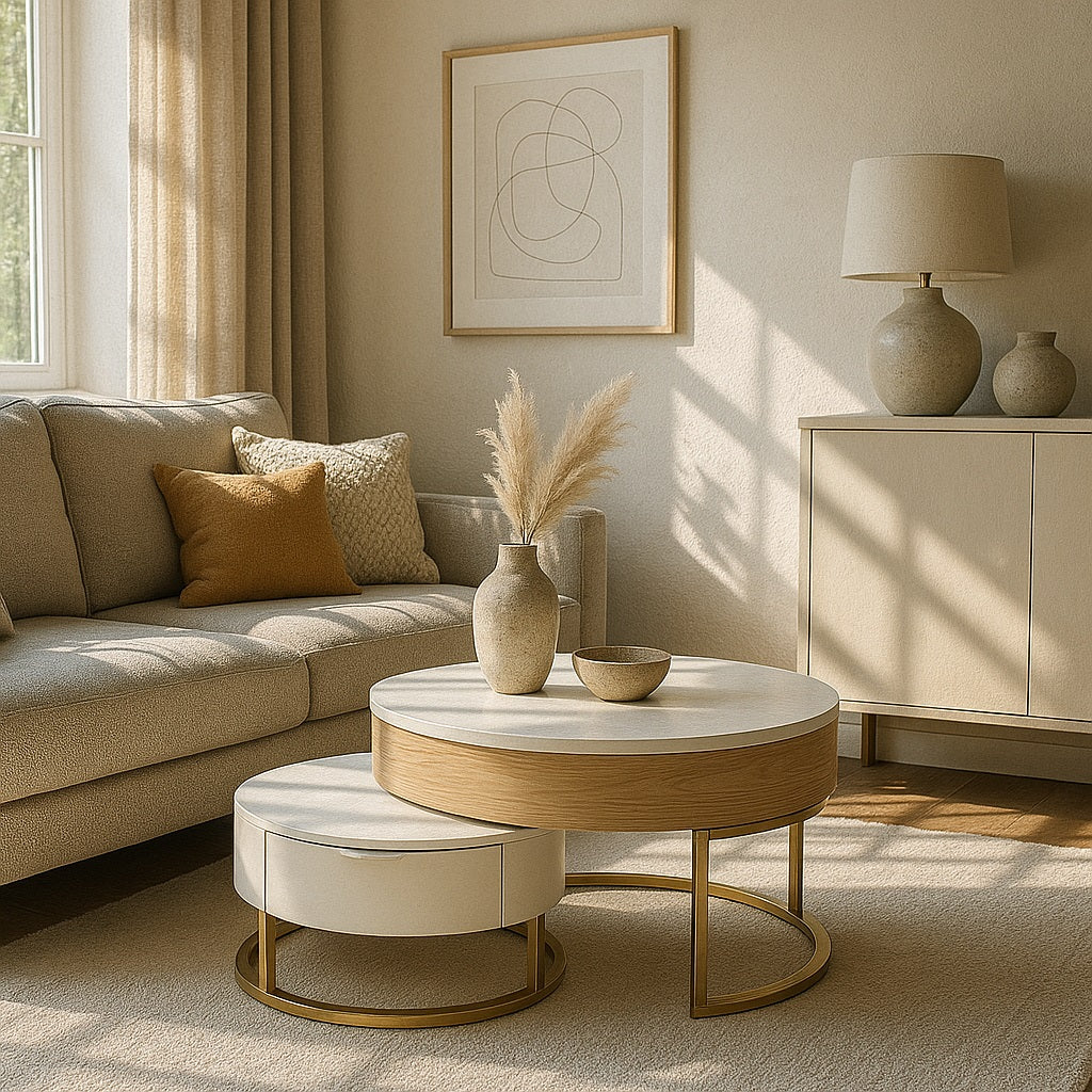 Table basse gigognes Nubo dans salon moderne, table basse rondes bois et blanc chic.