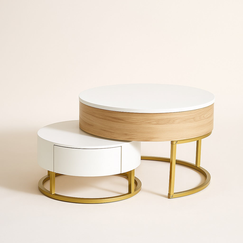 Table basse gigognes design Nubo, table basse rondes bois et métal doré élégante et moderne.