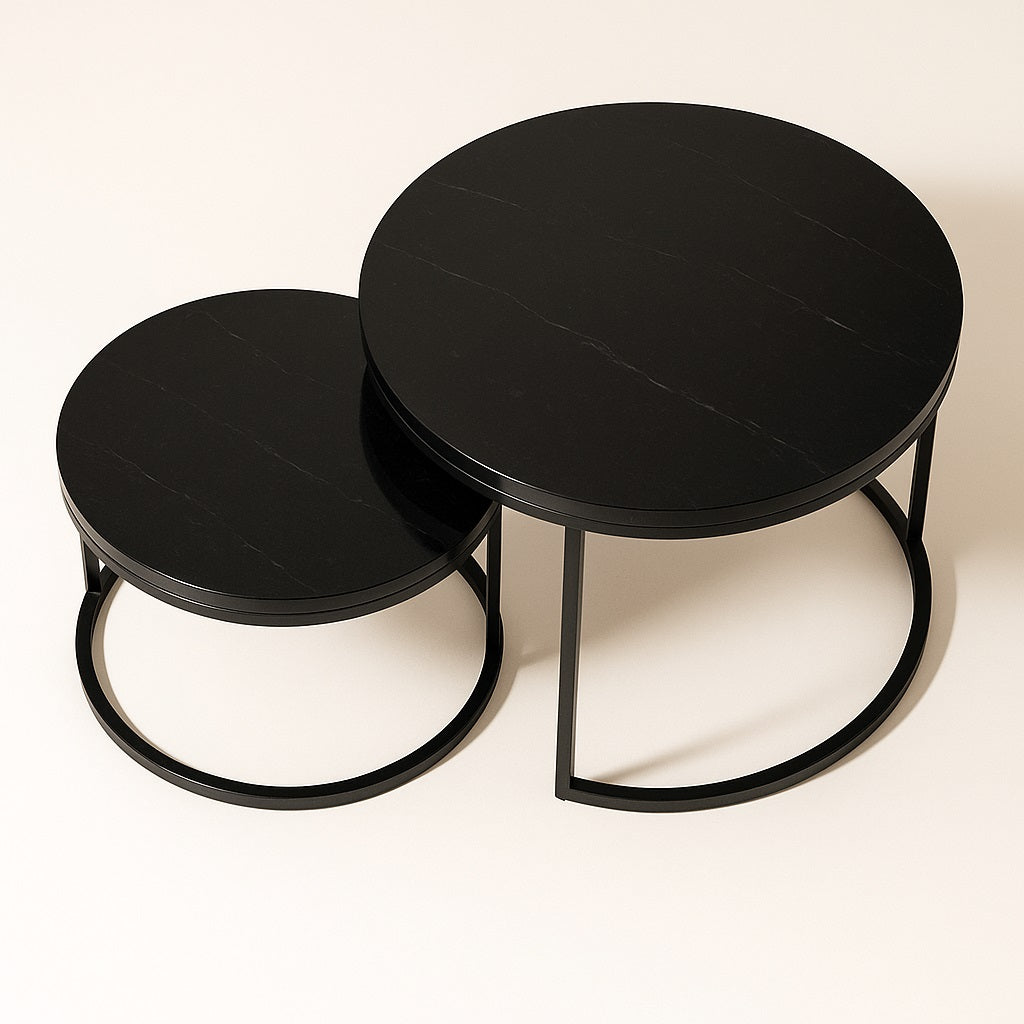 Ensemble de tables basses gigognes rondes noires Eclipso, design minimaliste et élégant.