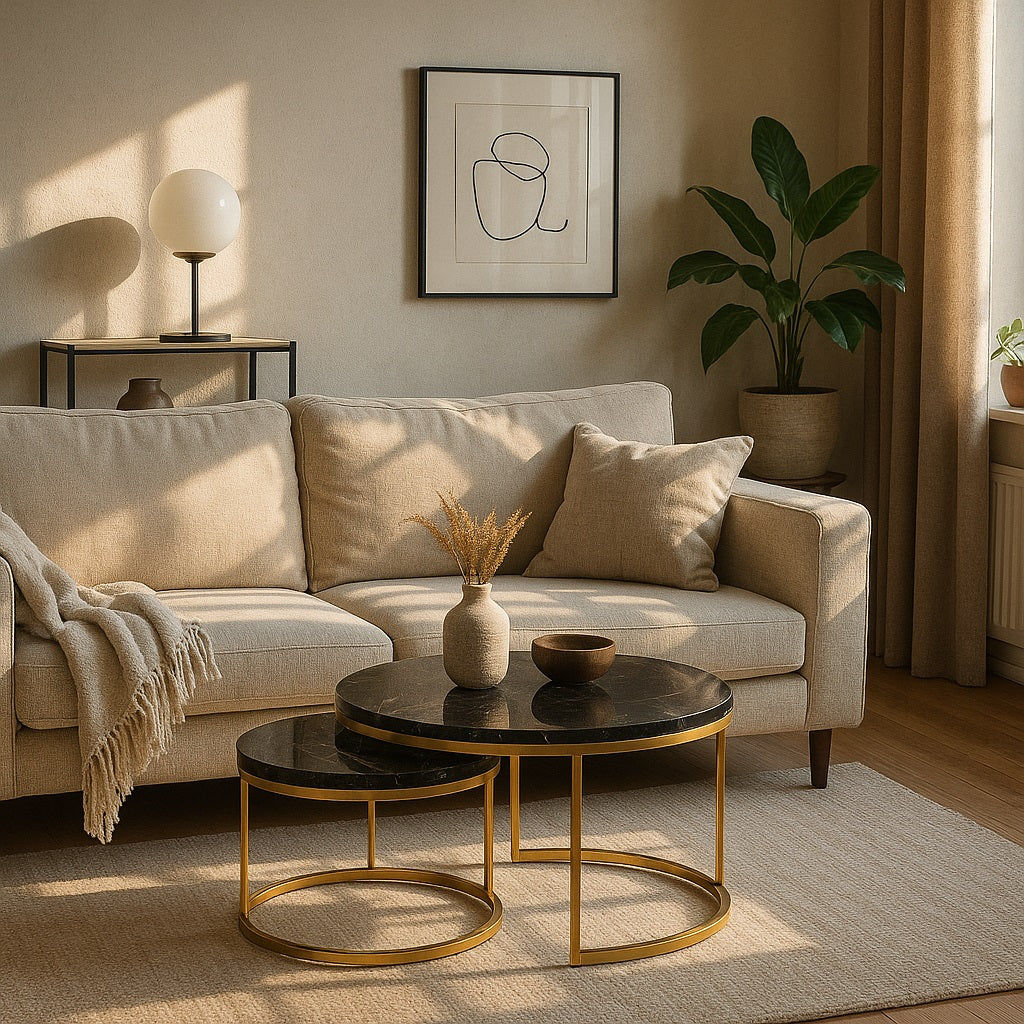 Table basse gigognes ronde Eclipso dorée, marbre noir et déco chaleureuse de salon moderne.