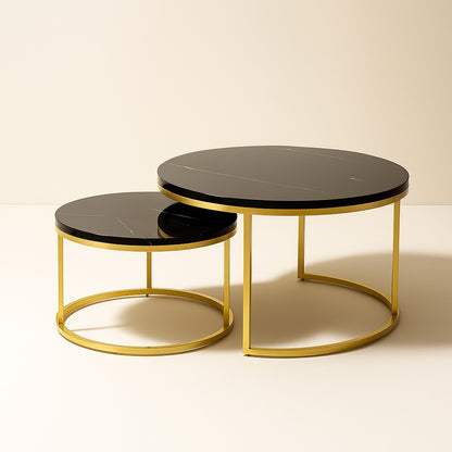 Table basse gigognes ronde Eclipso en marbre noir et métal doré, design moderne et chic.