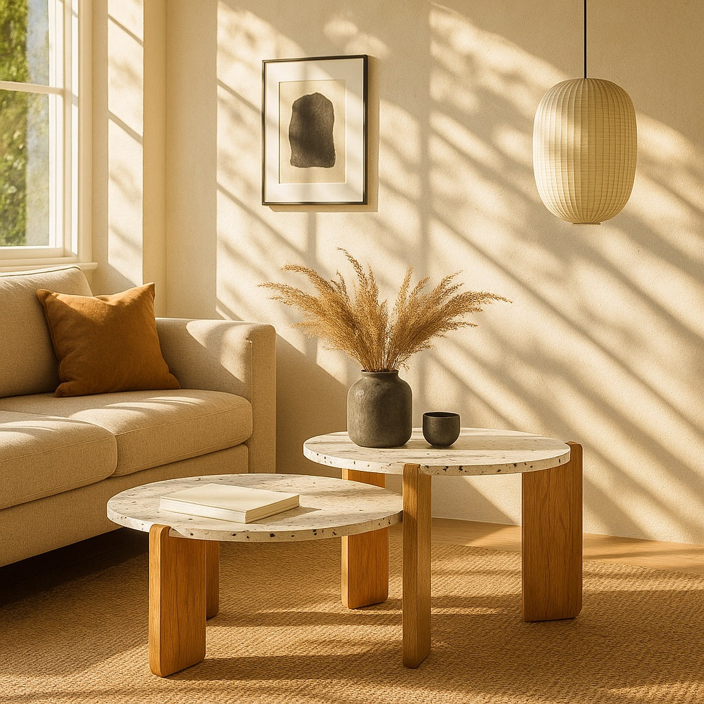 Table basse gigognes Terrazia en terrazzo blanc dans un intérieur chaleureux et moderne.