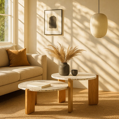 Table basse gigognes Terrazia en terrazzo blanc dans un intérieur chaleureux et moderne.